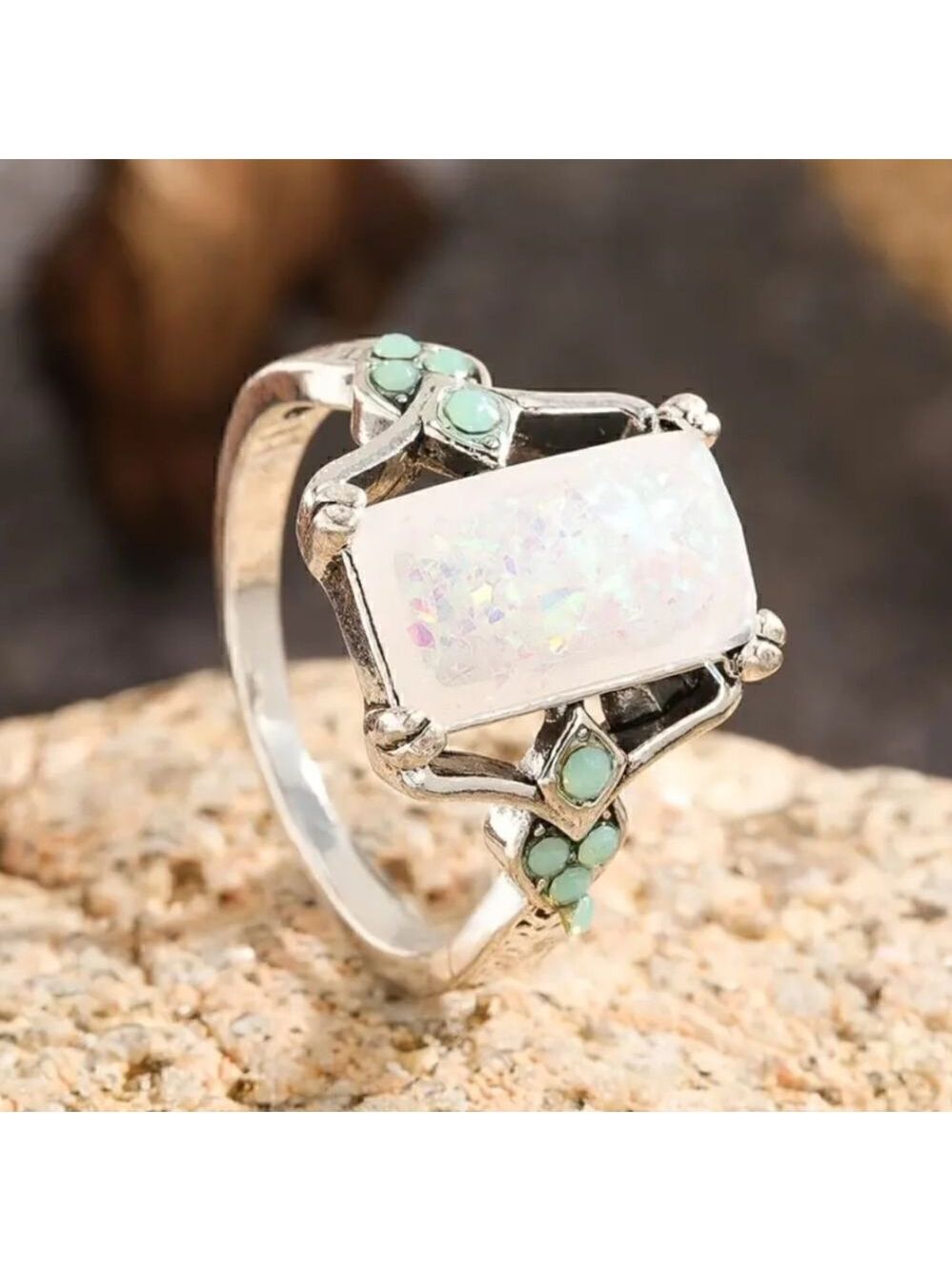 Rectangle White Lab Opal Antique Silvery Rings